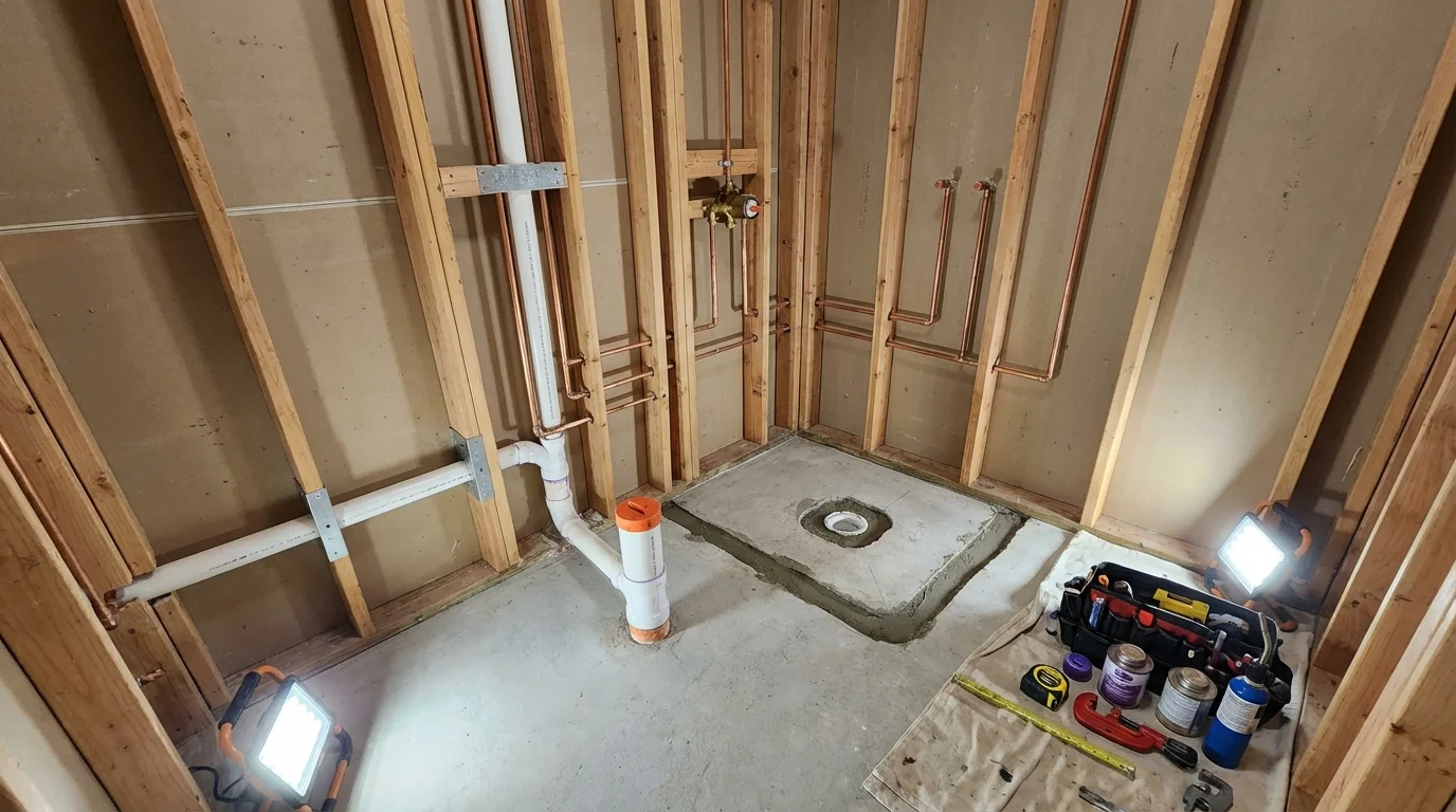 Bathroom rough-in plumbing during remodel by Johns Plumbing LLC in Howland