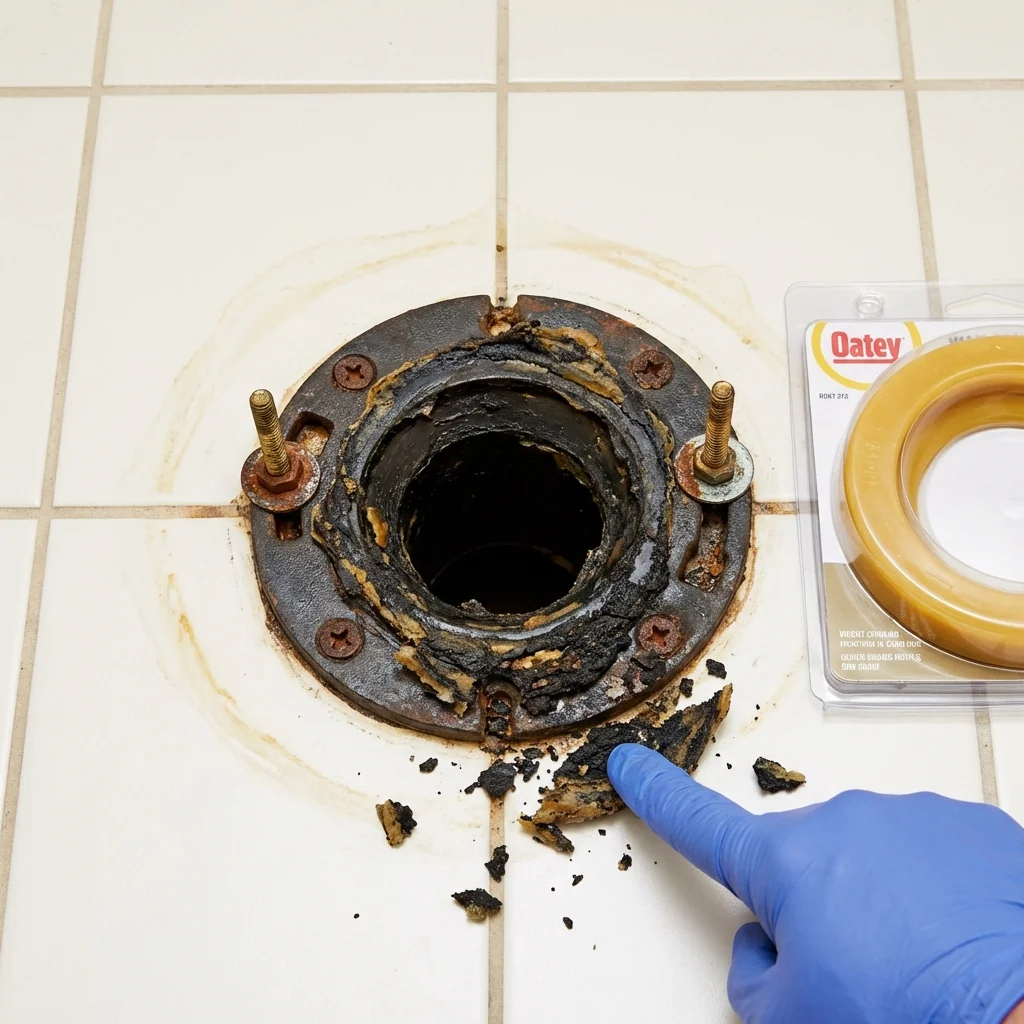 Failed wax ring showing water seepage at the base of a toilet in a Howland, ME home