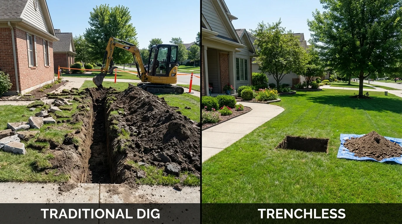 Trenchless sewer repair with minimal yard damage versus traditional excavation in Howland, ME